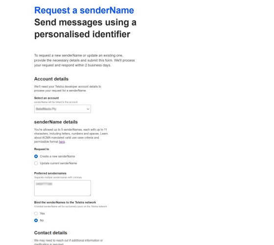 Telstra Sender Name Form