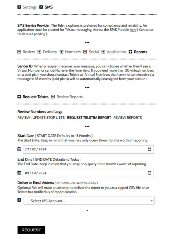 SMS Settings Reports